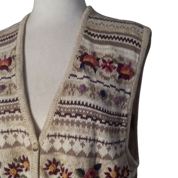 Vintage White Stag Floral Embroidered Stripe Cottage Style Vest Cotton Large - Picture 3 of 8